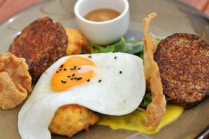 Spice-crusted white pudding with sweet corn fritters at Jack B Nimble.