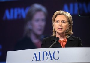 Secretary of State Hillary Rodham Clinton addresses the American Israel Public Affairs Committee Policy Conference in Washington, Monday, March 22, 2010.