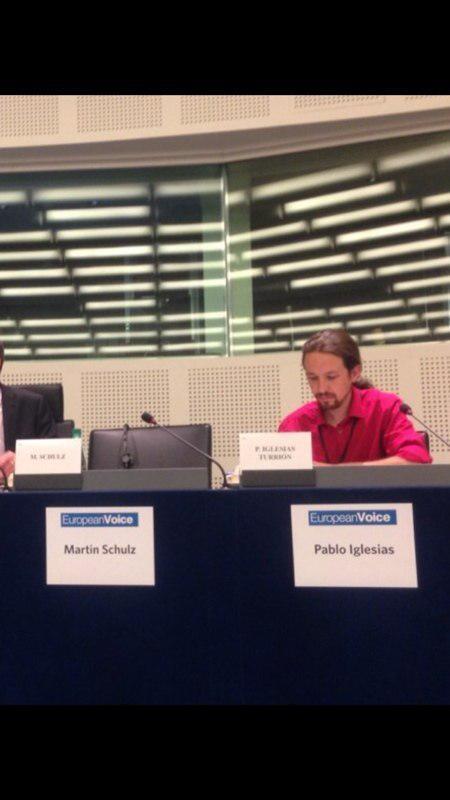 Pablo Iglesias at European Parliament Presidency candidates debate last night. Martin Schulz, who won the vote today, was not in attendance.