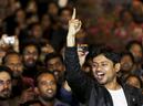 Kanhaiya Kumar addresses students on the JNU campus soon after his release from the Tihar Jail on Thursday night.