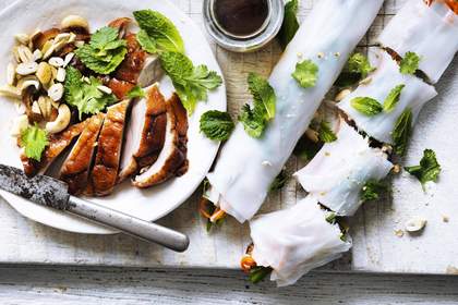 Neil Perry's roast duck rice paper rolls.