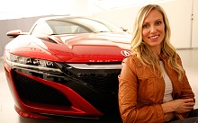 Sports car designer Michelle Christensen poses with Acura NSX mockup 