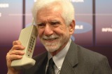 The father of the mobile phone, Martin Cooper with the first generation of mobile phone, dating from around 1973.