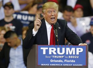 Republican presidential candidate Donald Trump speaks during a campaign rally, Saturday, March 5, 2016, in Orlando, Fla.