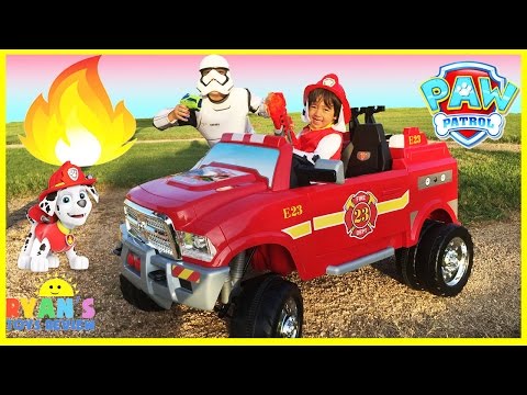 FIRE TRUCK FOR KIDS POWER WHEELS RIDE ON Paw Patrol Video Marshall Put out Fire Egg Surprise Toys