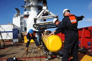 File - The Bluefin 21, Artemis autonomous underwater vehicle (AUV) is hoisted back aboard the Royal Australian Navy Australian Defense Vessel (ADV) Ocean Shield after successful buoyancy testing in support for the search for the missing Malaysia Airlines Boeing 777 flight MH370, 1 April, 2014.