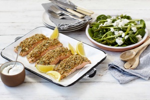 Baked salmon fillets with dukkah crumb