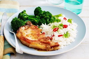 Maple, orange and black pepper glazed pork chops with chilli rice