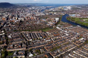 Aerial view over Belfast, Northern Ireland.