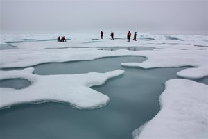 File - The terrain for the scientific work conducted by ICESCAPE scientists on July 4, 2010, was Arctic sea ice and melt ponds in the Chukchi Sea.  Impacts of Climate change on the Eco-Systems and Chemistry of the Arctic Pacific Environment, or ICESCAPE Mission, is a multi-year NASA shipborne project.