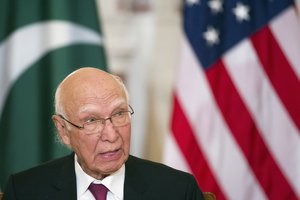 Pakistan Foreign Affairs Adviser Sartaj Aziz speaks during the U.S.-Pakistan Strategic Dialogue meeting at the State Department in Washington, Monday, Feb. 29, 2016.