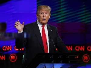 Republican presidential candidate, businessman Donald Trump speaks during the Republican presidential debate sponsored by CNN, Salem Media Group and the Washington Times at the University of Miami, Thursday, March 10, 2016, in Coral Gables, Fla.