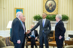 President Barack Obama talks with, from left, Sen. Patrick Leahy, D-Vt., Senate Democratic Leader Harry Reid, D-Nev., and Senate Majority Leader Mitch McConnell, R-Ky., at the conclusion of a meeting with the leadership of the Senate Judiciary Committee in the Oval Office, March 1, 2016.