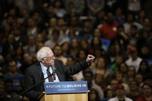 Democratic presidential candidate, Sen. Bernie Sanders, I-Vt., speaks during a campaign stop on Sunday, March 13, 2016, at Ohio State University in Columbus, Ohio. (AP Photo/Matt Rourke)