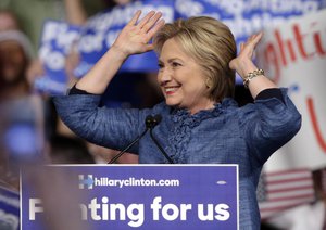 Democratic presidential candidate Hillary Clinton acknowledges the crowd during an election night event at the Palm Beach County Convention Center in West Palm Beach, Fla., Tuesday, March 15, 2016.