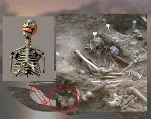 This previously altered handout and photo made available by forensic archaeologist and anthropologist Matteo Borrini of Florence University, Italy, Friday March 13, 2009, shows the 16th-century remains of a woman with a brick stuck between her jaws, as depicted in the computer generated image at left, unearthed in 2006 in an archaeological dig near Venice, northern Italy. Experts say the brick between her jaws is evidence that she was believed to be a vampire. The unusual burial is thought to be the result of an ancient vampire-slaying ritual and links the legend of these mythical bloodsucking creatures to medieval ignorance of how diseases spread and what happens to bodies after death, experts said. The well-preserved skeleton was found in 2006 on the Lazzaretto Nuovo island, north of the lagoon city, amid other corpses buried in a mass grave during a plague epidemic that hit Venice in 1576.