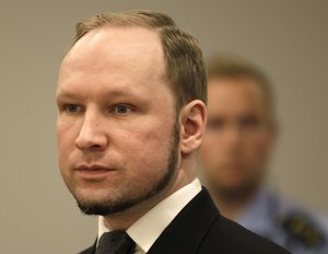 Anders Behring Breivik listens to the judge in the courtroom, Friday, Aug. 24, 2012, in Oslo, Norway