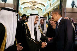 File - King Salman bin Abdulaziz of Saudi Arabia bids farewell to President Barack Obama at Erga Palace in Riyadh, Saudi Arabia, Jan. 27, 2015.