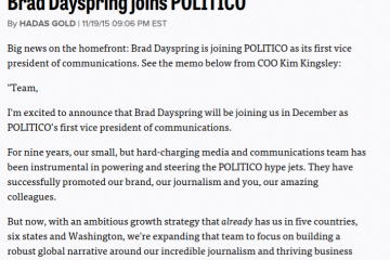 Screenshot of Politico press release announcing the hiring of Brad Dayspring.