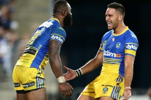 Semi Radradra celebrates with Corey Norman after scoring one of two tries during the Eels second win of the season. 