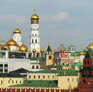 View of the Ivan the Great Belfry and the Moscow Kremlin's palaces and churches from the roof of the Lenin Russian State Library, Moscow