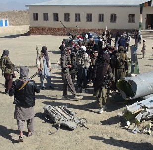 Taliban militants stand next to the wreckage of components jettisoned by a damaged aircraft, which the militants say they had hit.