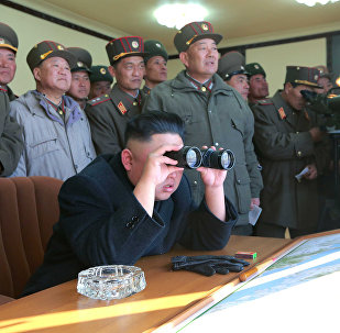 North Korean leader Kim Jong Un uses a pair of binoculars to watch live ammunition firing drills.