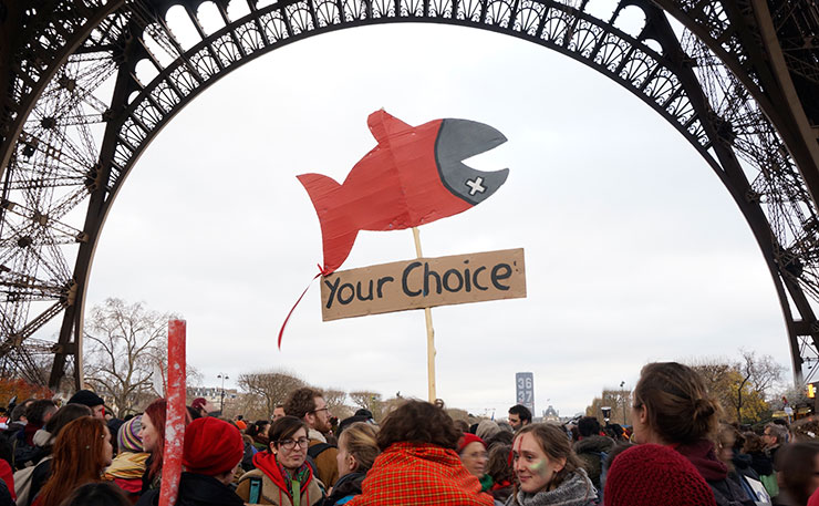 FILE IMAGE: More than 10,000 protestors defied a ban on political gatherings in Paris to march to the Eiffel Tower on the final day of the Paris climate talks. (IMAGE: Thom Mitchell, New Matilda)