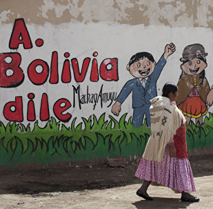 An Aymara woman walks past a mural that reads in Spanish Tell Bolivia Yes, in favor of President Evo Morales, in El Alto, Bolivia, Saturday, Feb. 20, 2016