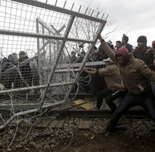 Stranded refugees and migrants try to bring down part of the border fence during a protest at the Greek-Macedonian border, near the Greek village of Idomeni, February 29, 2016