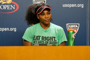 Serena Williams (USA) during her press conference after her oponent Vitalia Diatchenko (RUS) retires during Round 1 of the 2015 US Open at the USTA Billy Jean King National Tennis Center in Flushing Meadows, New York August  31, 2015