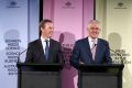 Minister for Industry, Innovation and Science Christopher Pyne and Prime Minister Malcolm Turnbull address the media ...