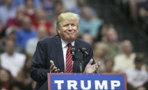 US Republican presidential candidate Donald Trump speaks during a campaign rally at the American Airlines Center in Dallas