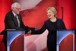 Democratic presidential candidate, Sen. Bernie Sanders, I-Vt,  and Democratic presidential candidate, Hillary Clinton shake hands during a Democratic presidential primary debate hosted by MSNBC at the University of New Hampshire Thursday, Feb. 4, 2016, in Durham, N.H. (AP Photo/David Goldman)