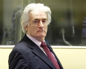 Former Bosnian Serb leader Radovan Karadzic enters the courtroom of the U.N.'s Yugoslav war crimes tribunal in The Hague, Netherlands, Tuesday Nov. 3, 2009.