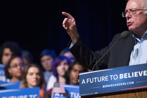 Democratic presidential candidate Sen. Bernie Sanders, I-Vt., speaks during a campaign stop at the Pinkerton Academy Stockbridge Theatre, Monday, Feb. 8, 2016, in Derry, N.H.