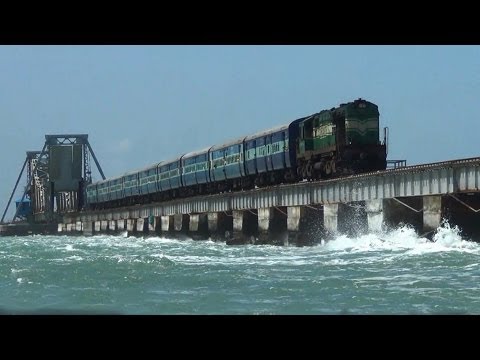 Train over Pamban bridge crossing Palk Strait to Rameswaram.