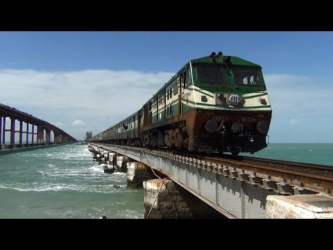 Train over waters of Palk Strait at Pamban Bridge, India