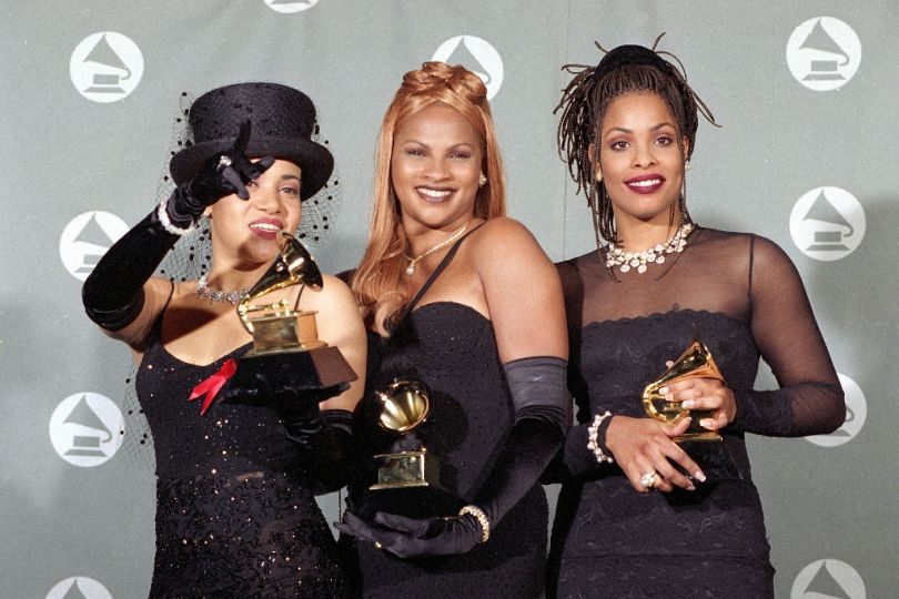 Salt N' Pepa — Cheryl 'Salt James, Sandy 'Pepa' Denton and Deidra Roper, aka DJ Spinderella — in 1995. The all-female rap group broke up in 2002 but reformed (without Spinderella) in 2007. They opened for Public Enemy at a show in Brooklyn in 2012.