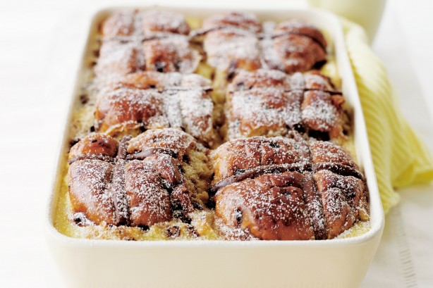 Chocolate hot cross bun and butter pudding