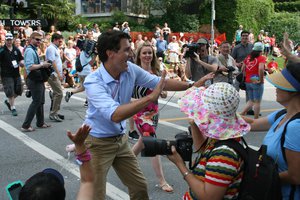 File - Justin Trudeau at the Vancouver LGBTQ Pride 2015, shortly after his campaign launch for the 2015 Canadian federal election.