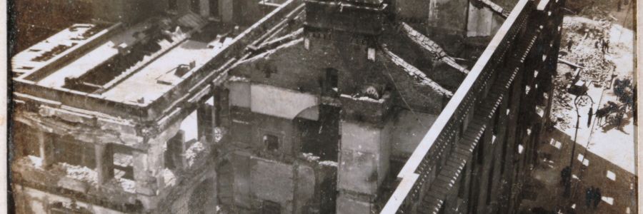 Aftermath of the Easter Rising, the General Post Office, seat of  the Provisional Government, and Henry Street from Nelson's Pillar, Dublin, Ireland, May 18 1916