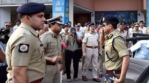 Kolkata: Kolkata Police Commissioner Rajib Kumar (R) arrives at Eden Gardens in Kolkata on Monday for an inspection ahead of T20 Cricket World Cup. PTI Photo by Swapan Mahapatra  (PTI3_7_2016_000207A)