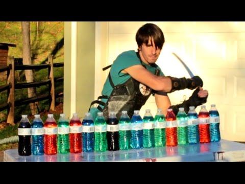 Katana Vs Plastic Water Bottles - Slow Motion