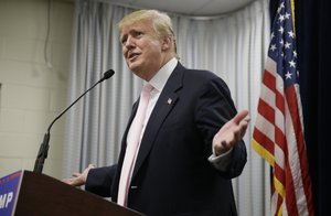 Republican presidential candidate Donald Trump speaks during a news conference, Saturday, July 25, 2015, in Oskaloosa, Iowa.