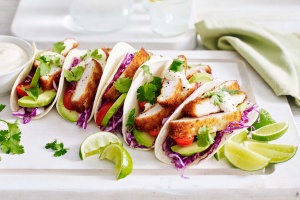 Crispy chicken tacos with lime aioli