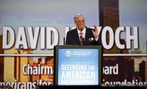 Chairman of the board of Americans for Prosperity David Koch speaks at the Defending the American Dream summit hosted by Americans for Prosperity at the Greater Columbus Convention Center in Columbus, Ohio, Friday, Aug. 21, 2015. (AP Photo/Paul Vernon)