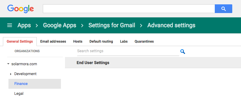 Admin console - Advanced Gmail settings - organizations