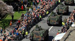 DUBLIN, IRELAND - MARCH 27: In this photo provided by the Air Corps Press Office, the view of the Parade from Roof of the Blood bank seen during the military parade marking the 100th anniversary of the Easter Rising on March 27, 2016 in Dublin, Ireland. The 1916 rebellion was an attempt by Irish forces to overthrow the British government in Ireland. Although unsuccessful it was seen as a significant move in the creation of the Irish republic when public opinion turned in favour of the rebels after British forces defeated the rebellion and executed it's leaders. (Photo by Irish Defence Forces via Getty Images)