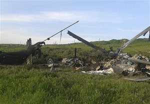 Remains of a downed Azerbaijani forces helicopter